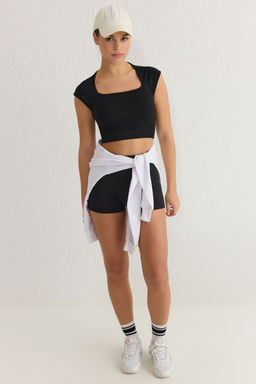 Siyah Seamless/Dikissiz Kare Yaka Crop Orme Spor Ust/Bluz THMSS25BZ00000