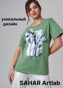 Авторская футболка премиальный хлопок +шелк+жемчужные бусины