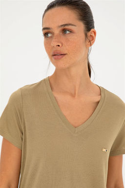 U. S. Polo Assn / Женская футболка цвета хаки с v-образным вырезом - U.s. polo assn фото 2