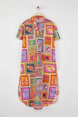 Tropikal Desenli Dokuma Y?rtmacl? %100 Pamuk Plaj Midi Elbise TBESS25EL00050