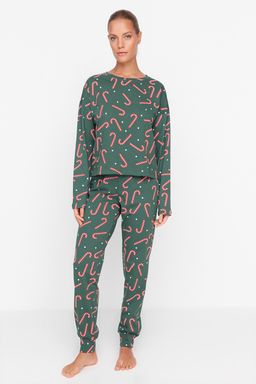 Yesil %100 Pamuklu Y?lbas? Temal? Orme Pijama Tak?m? THMAW21PT0771