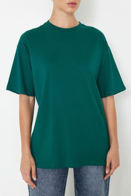 Zumrut Yesili %100 Kal?n Pamuklu Premium Oversize/Genis Kal?p Orme T-Shirt TWOSS23TS00040