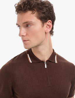Kahverengi Slim Fit Polo Yaka Fermuarl_ Triko Ti__rt