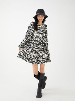 Bisiklet Yaka Desenli Uzun Kollu Elbise