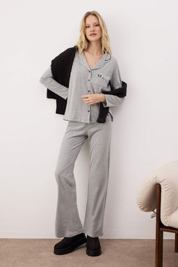 Trendyolmilla Gri Pamuklu Biye ve Cep Detayl? Bask?l? Orme Pijama Tak?m? THMAW22PT0785  фото 10