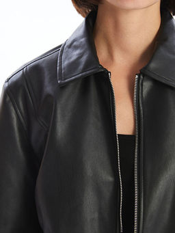 G?mlek Yaka Kad?n Deri G?r?n?ml? Ceket