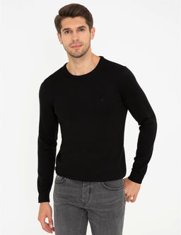 Siyah Slim Fit Bisiklet Yaka Basic Triko Kazak