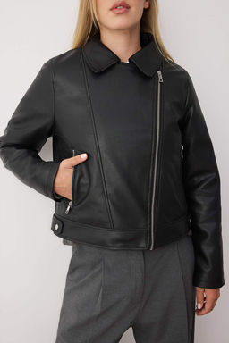 Siyah Fitted Kal?p Suni Deri Biker Ince Ceket Mont TWOAW26MO00083 - Trendyolmilla фото 3