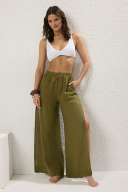 Haki Dokuma Y?rtmacl? %100 Keten Maxi Plaj Yuksek Bel Pantolon TBESS25PL00004