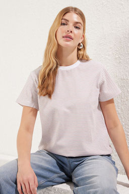 Vizon Ekru Cizgili Premium Kal?n Pamuklu Basic Regular/Normal Kal?p Orme T-Shirt TWOSS23TS00043