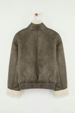 Fume Oversize Kal?p Pelus Detayl? Suni Deri Bomber Ceket Mont TWOAW26MO00010