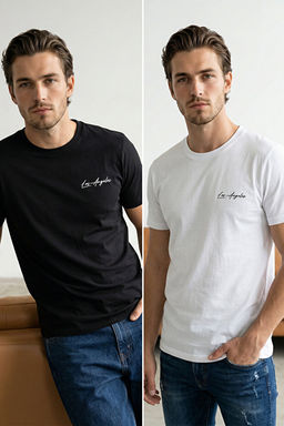Siyah-Beyaz 2li Paket Regular Kesim Nak__l_ T-shirt TMNSS26TS00039