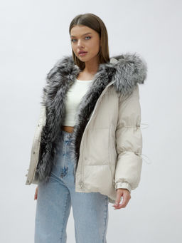 с чернобуркой ПРЕМИУМ класса Полупальто куртка зимняя коричневого цвета  бежевого цвета - Mtforce фото 3