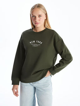 Bisiklet Yaka Bask?l? Oversize Kad?n Kal?n Sweatshirt