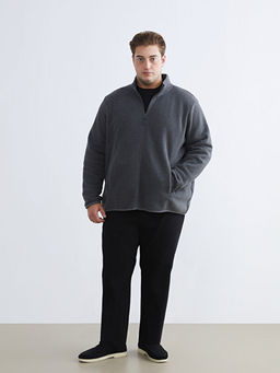 Standart Kal?p Dik Yaka Polar Erkek Fermuarl? Sweatshirt