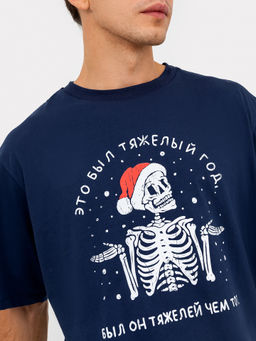 Футболка мужская синяя новогодняя с печатью