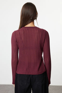 Bordo Transparan Triko Gorunumlu Kumas Regular Boy Bisiklet Yaka Orme Bluz TWOAW24BZ00094