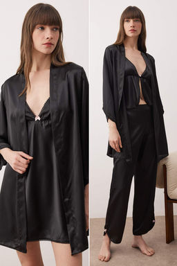 Siyah 4lu Ceyiz Set Saten Dokuma Gecelik+Sabahl?k+Pijama Tak?m? THMAW26PT00210
