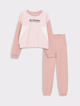 Bisiklet Yaka Bask?l? Uzun Kollu K?z ?ocuk Sweatshirt ve E?ofman Alt?