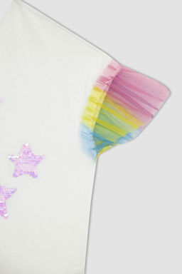 Белая футболка с короткими рукавами из тюля с принтом для девочек - Defacto фото 8