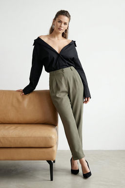 Haki Pilili Beli Lastikli Duble Paca Pantolon TWOAW26PL00125