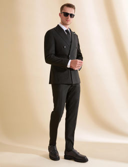 Siyah Ex. Slim Fit _izgili Kruvaze Tak_m Elbise