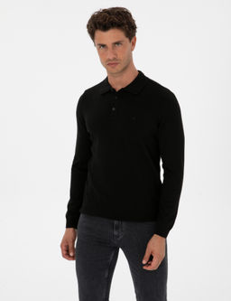 Siyah Slim Fit Polo Yaka Basic Triko Kazak