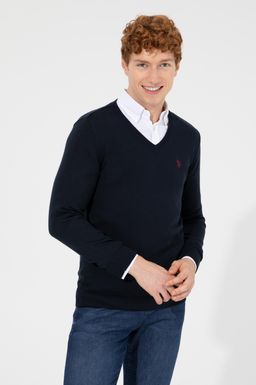 U. S. Polo Assn Мужской базовый трикотажный свитер темно-синего цвета с v-образным вырезом - U.s. polo assn фото 2