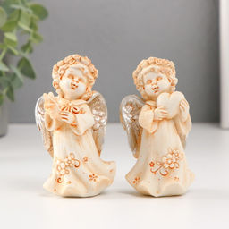 Фигурка полистоун Ангел в цветочном платье и венке с серебристыми крыльями, 8.5 см, МИКС