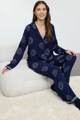 Trendyolmilla Lacivert Gunes Desenli Viskon Dokuma Pijama Tak?m? THMAW25PT00034  фото 6