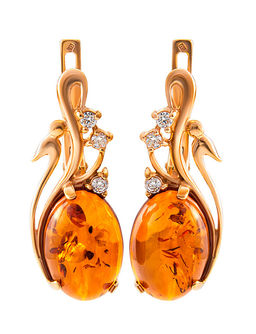 Красивые позолоченные серьги из янтаря с фианитами Мелисса