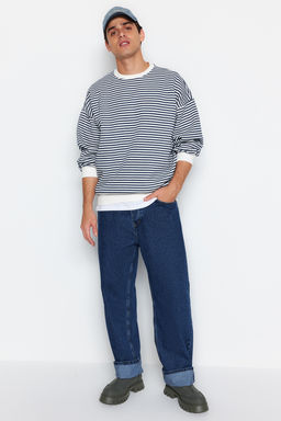 TRENDYOL MAN Siyah Oversize/Genis Kesim Cizgili Ici Polar/S?cak Tutan Sweatshirt TMNAW24SW00065 - Trendyolmilla фото 25