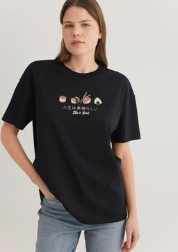 Sushi Bask?l? Siyah Tisort
