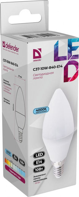 Лампа светодиодная, E14, C37, 10Вт, 4000К "Defender" нейтральный белый свет, свеча