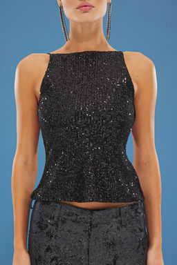Siyah S?rt Detayl? Par?lt?l? Payet Orme Bluz TPRSS25BZ00036