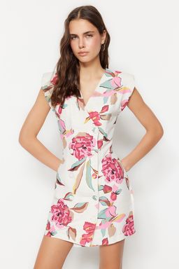 Beyaz Cicek Desenli Dugmeli Keten Gorunumlu Mini Dokuma Ceket Elbise TWOSS23EL01874 - Trendyolmilla фото 4