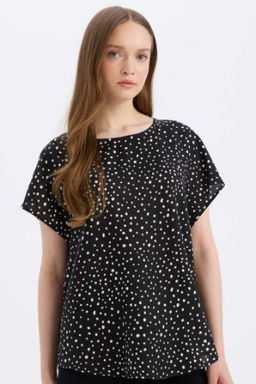 Regular Fit Desenli Bisiklet Yaka K?sa Kollu Bluz