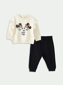 Bisiklet Yaka Uzun Kollu Minnie ve Mickey Mouse Bask?l? Pamuklu K?z Bebek Sweatshirt ve Pantolon 2li Tak?m