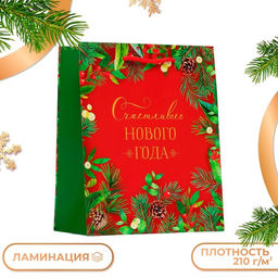 Цена за 2 шт. Пакет подарочный новогодний ламинированный Счастливого Нового года, на красном, 18?22.3?10 см