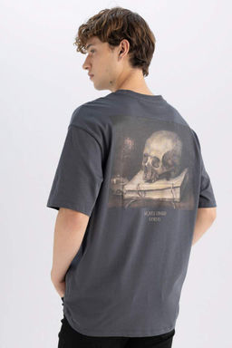 Jacgues Linard Boxy Fit Bisiklet Yaka S?rt Bask?l? Pamuklu K?sa Kollu Tisort - Defacto фото 2