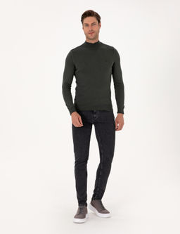 Koyu Haki Slim Fit Yar_m Bal_k__ Yaka Basic Triko Kazak