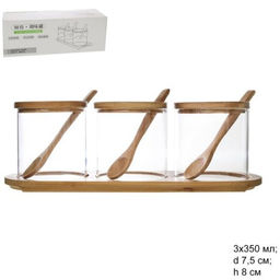 Банка 3 штуки с бамбуковой крышкой и ложками на подставке / GT-35-28 /уп 24/ - Галеонтрейд фото 2