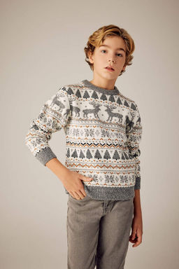 Свитер Mini Me с круглым вырезом в новогодней тематике для мальчика - Defacto фото 3