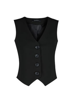 Siyah Premium Dugmeli Crop Dokuma Yelek TWOAW24YE00061