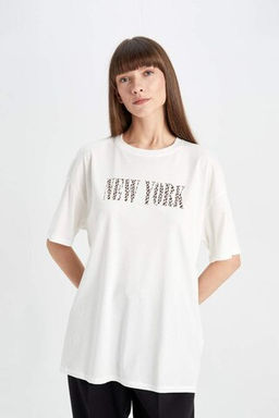 Футболка оверсайз с круглым вырезом и принтом из чесаного хлопка с короткими рукавами