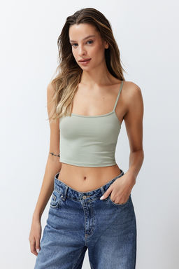 Beyaz-Yesil 2li Paket Poliamid Icerikli Ask?l? Crop Fitted Esnek Orme Atlet TWOSS24AL00053