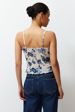 Mavi Cicek Bask?l? Ayarlanabilir Ask?l? Dokulu Ask?l? Esnek Orme Bluz TWOSS24BZ00425 - Trendyolmilla фото 6