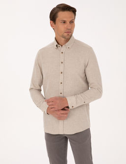 Bej Slim Fit Dokulu Uzun Kollu G_mlek