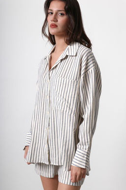 Bej Oversize Cepli Cizgili Dusuk Kol Gomlek TWOSS25GO00061 - Trendyolmilla фото 3