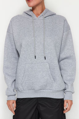 Gri Melanj Kal?n Ici Polarl? Oversize/Genis Kal?p Kapusonlu Basic Orme Sweatshirt TWOAW24SW00103